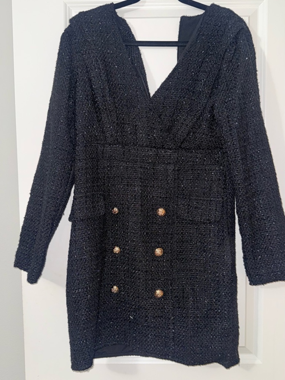 Black Tweed Double-Breasted Dress with Gold Buttons
